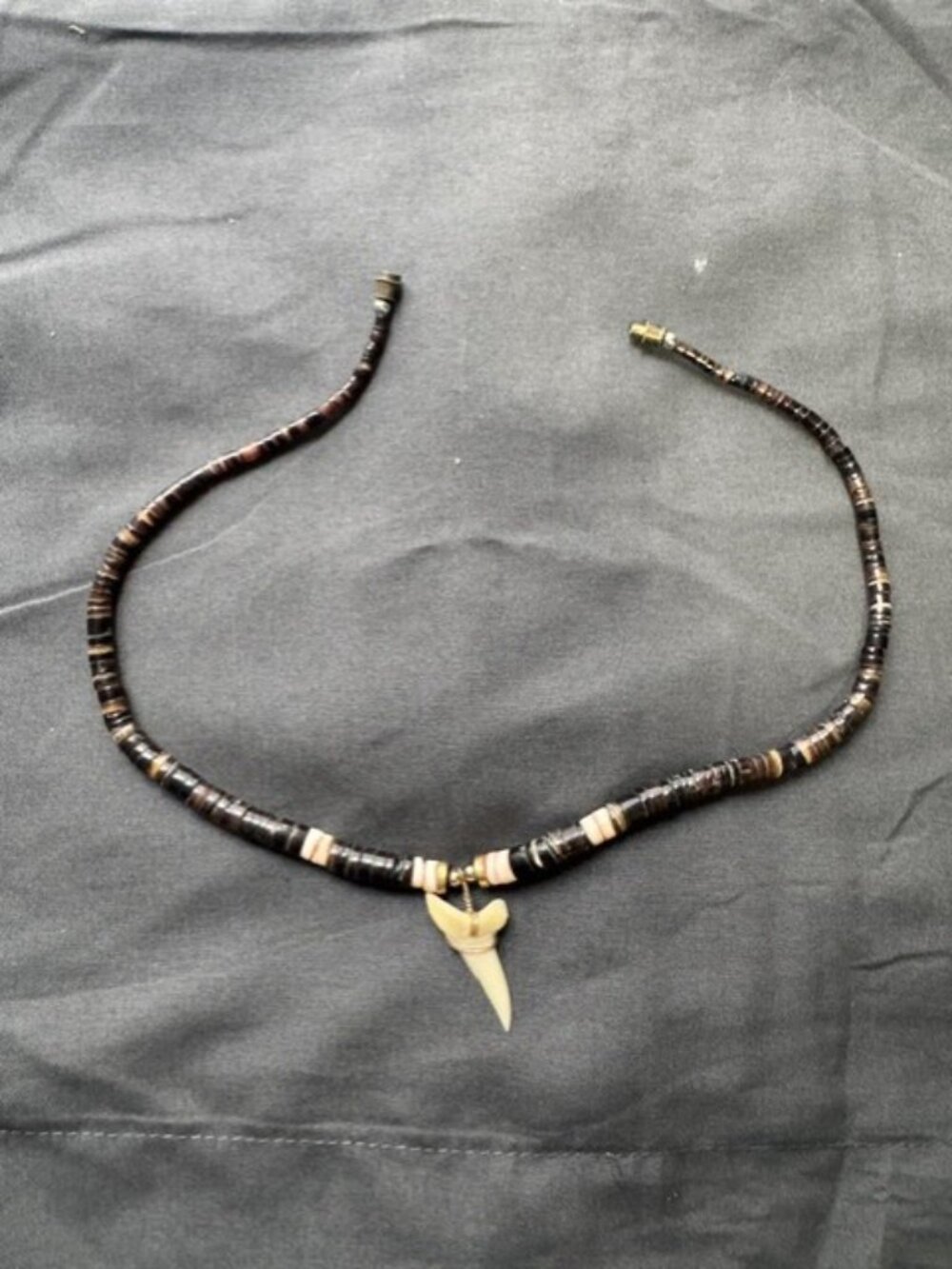 Shark Tooth Pendant Surfer Necklace for Men Wood / Shell Beads 16" Length